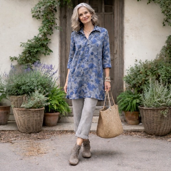 Comfy USA Tops - Comfy USA Tunic Shirt Dress Blue Gray Abstract Print Small Made USA Lagenlook